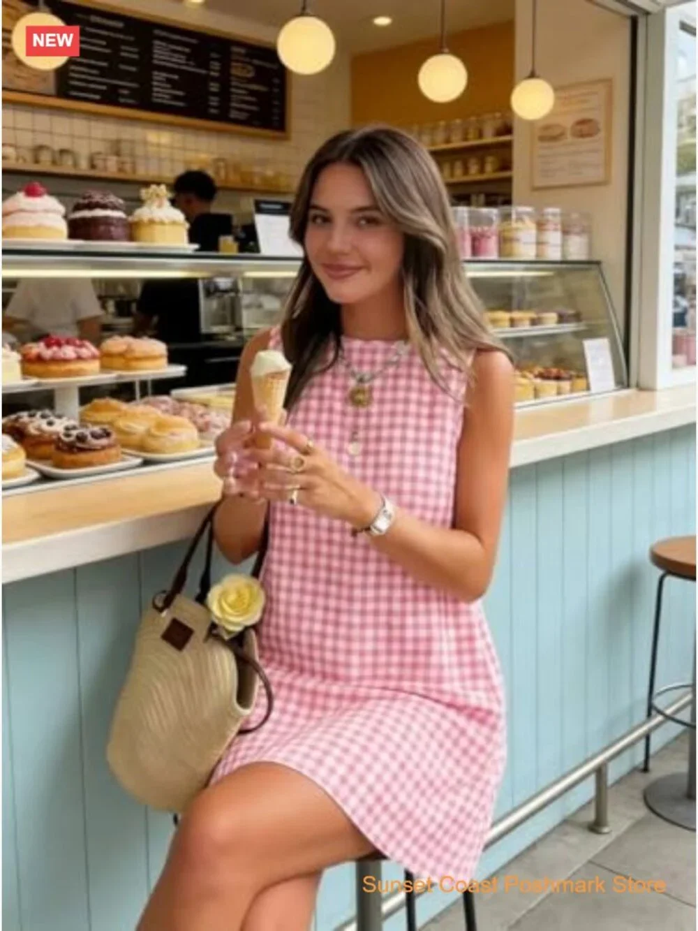Sleeveless Gingham Mini Sundress with Pockets High Neck A-Line - Picture 4 of 4